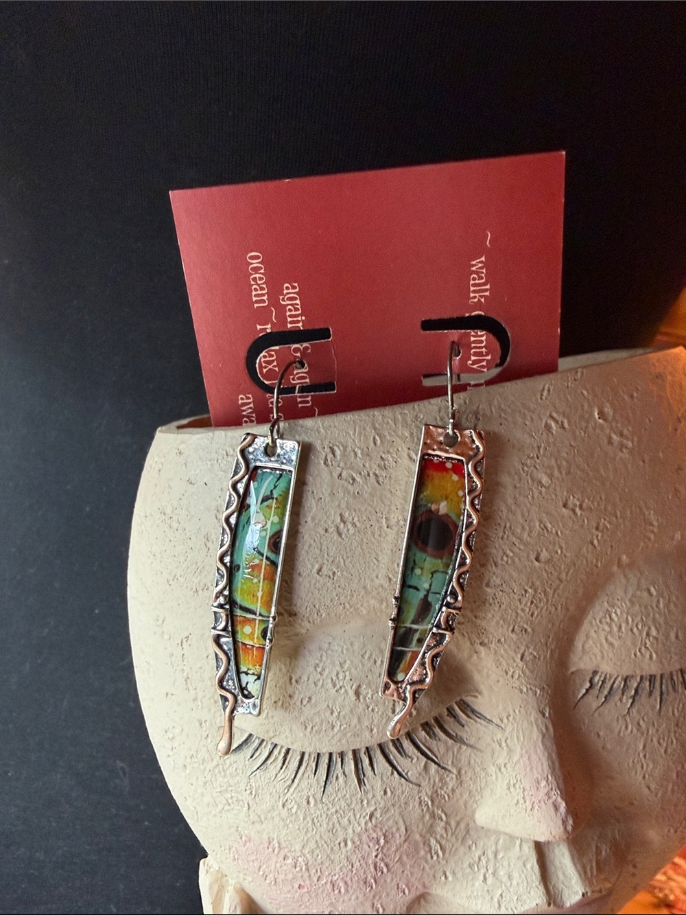 Artisan Multicolor Inlay Dangle Earrings - Vibrant Green & Orange